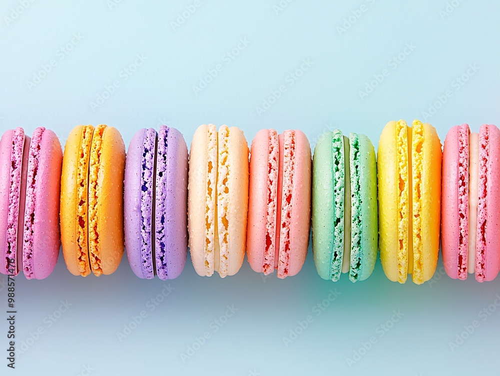 Poster brightly colored macaroons arranged in a neat row.