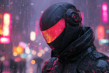 A futuristic bounty hunter wearing sleek metallic armor, with a glowing visor, walking through a rain-drenched alley illuminated by neon lights and flying cars overhead 