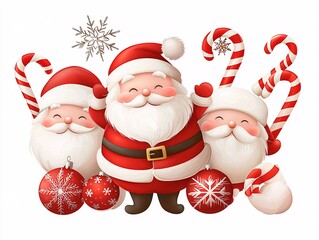 Fototapeta premium Christmas clipart with Santa, snowflakes, and candy canes.