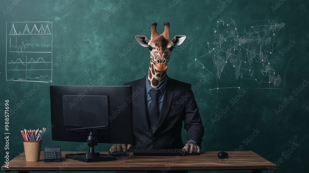 Poster a giraffe in a fitted suit using a tall standing desk, with a computer and business charts.