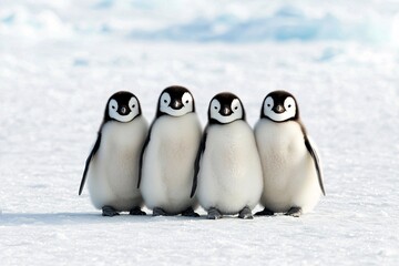 Obraz premium Penguins huddling together on an ice shore.