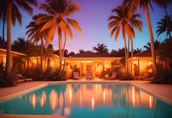 Obraz premium A tropical swimming pool with clear turquoise water and palm leaves reflected on the surface