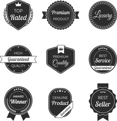 Vector illustration set of high quality labels and badges in vintage black color. Includes premium, certified designs for seals and stamps. Ideal to signify best standards and guaranteed quality.