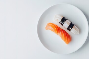 Fototapeta premium Minimal sushi set on white plate, top view