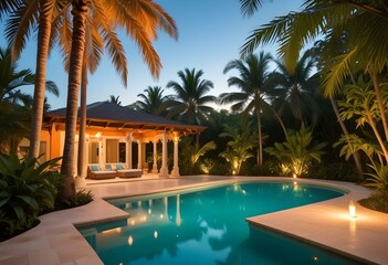 Fototapeta premium A tropical swimming pool with clear turquoise water and palm leaves reflected on the surface
