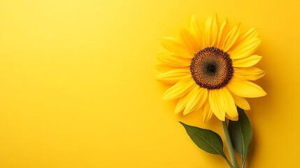 Single Sunflower with Green Leaves on Yellow Background. Copy space concept.