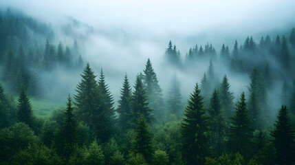 Foggy forest landscape with evergreen trees shrouded in mist, creating a serene and mysterious atmosphere.