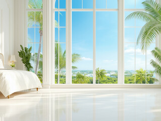 illustration of large luxury bedroom with powdery pastel colors walls with luxury furniture of bedroom and sunbeams