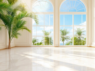 illustration of large luxury bedroom with powdery pastel colors walls with luxury furniture of bedroom and sunbeams 