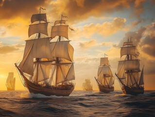 Fototapeta premium Historic ships sailing under a dramatic sunset sky, showcasing majestic sails and lively ocean waves.