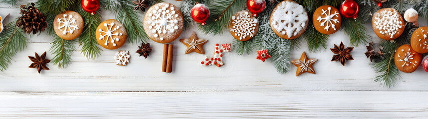 Fototapeta premium Red Christmas balls, gingerbread and spice with spruce branches and pine cones covered with snow and snowfall on white wooden board background.