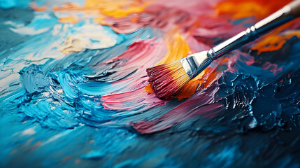 Obraz premium Vibrant brush strokes on canvas showcase colorful paint blending in an artistic creation.