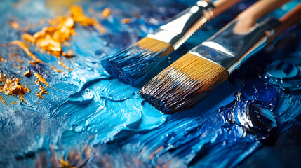 Fototapeta premium Artistic brushes resting on vibrant blue paint with golden accents, showcasing texture and creativity.