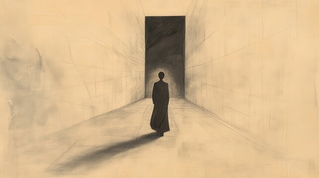 Biblical Illustration of Psalms 16: A Figure Walking Away from a Dark Path Lined with Idols, Choosing the Path Illuminated by God&rsquo;s Light on Beige Background