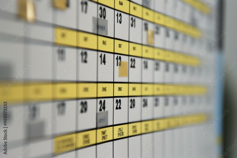 Poster planning board is showing a project management schedule with dates, deadlines, and tasks