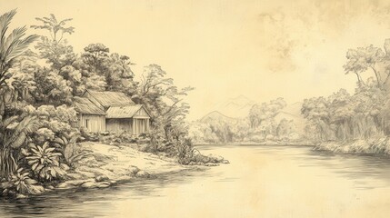 Biblical Illustration of a Peaceful River Flowing Beside a Home Surrounded by Lush Greenery, Symbolizing God's Continuous Care and Favor, Psalms 41