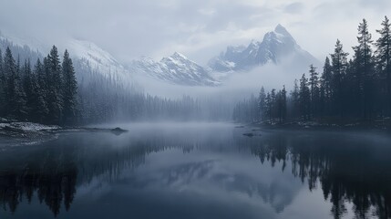 A remote mountain lake, perfectly still and reflecting the surrounding forest and snowy peaks, with a layer of mist hovering above the water.