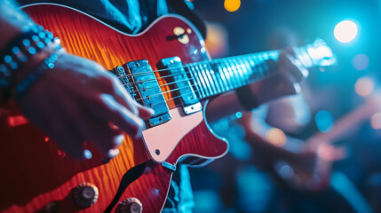 Obraz premium Close-up of a guitarist playing an electric guitar at a vibrant live music event.