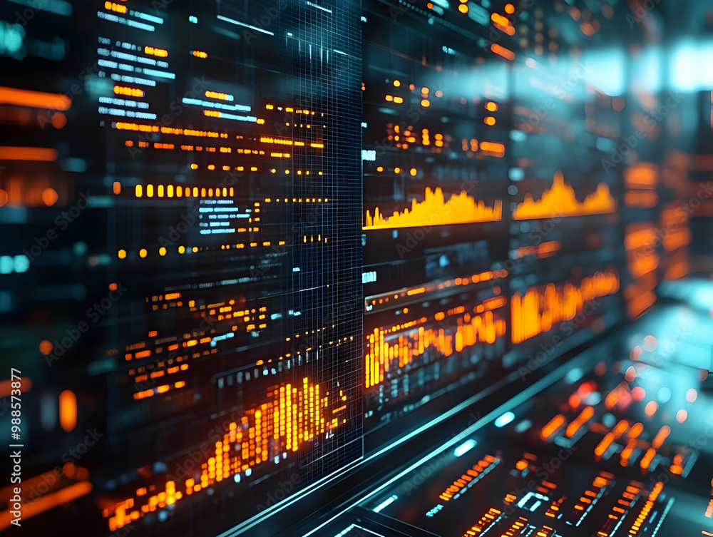 Poster futuristic data visualization dashboard with glowing orange elements and complex graphs on a dark ba