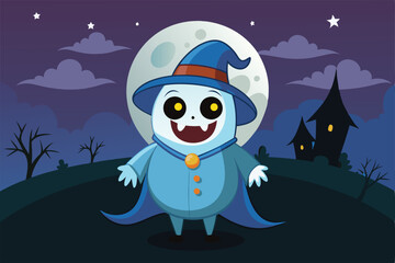 Fototapeta premium A friendly ghost enjoys the night beside a full moon and spooky houses, wearing a blue outfit and smiling widely, a cartoon character ghost