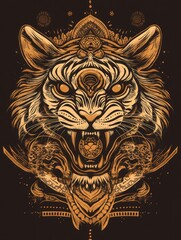 Obraz premium A fierce tiger with a snarling expression and glowing eyes, surrounded by intricate patterns and symbols on a dark background.