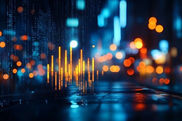 City Nightscape with Digital Bars and Bokeh Lights Creating Futuristic Technology Vibe