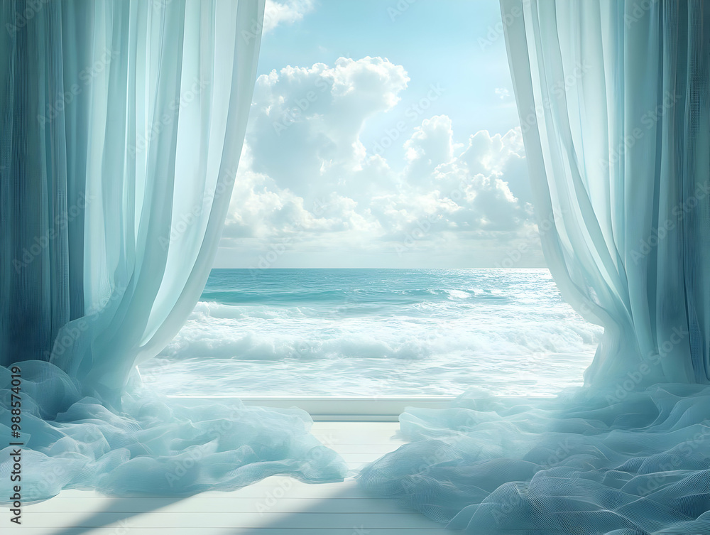 Poster serene ocean view through sheer curtains, inviting tranquility and a refreshing atmosphere.