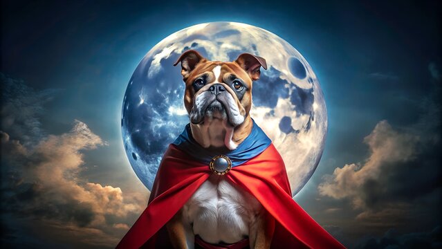 A bulldog dressed as a superhero wearing a red cape stands heroically against a dramatic backdrop of a full moon and night sky.