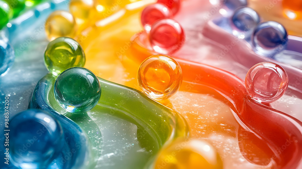 Poster colorful abstract background with shiny bubbles in a wavy pattern, creating a vibrant visual effect.
