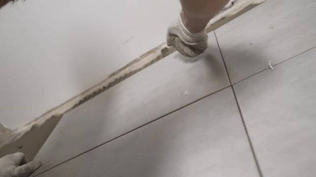 Construction worker installing large ceramic tile on the wall.