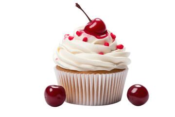 A beautifully decorated cupcake with a glossy cherry and rich cream frosting, sitting alone on a pristine white background