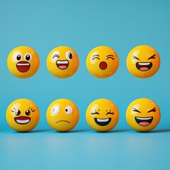 Fototapeta premium Collection 3D icon of yellow emoticon, emoji, smile various expressions, including happiness, winking, surprise, laughter, blushing, sadness