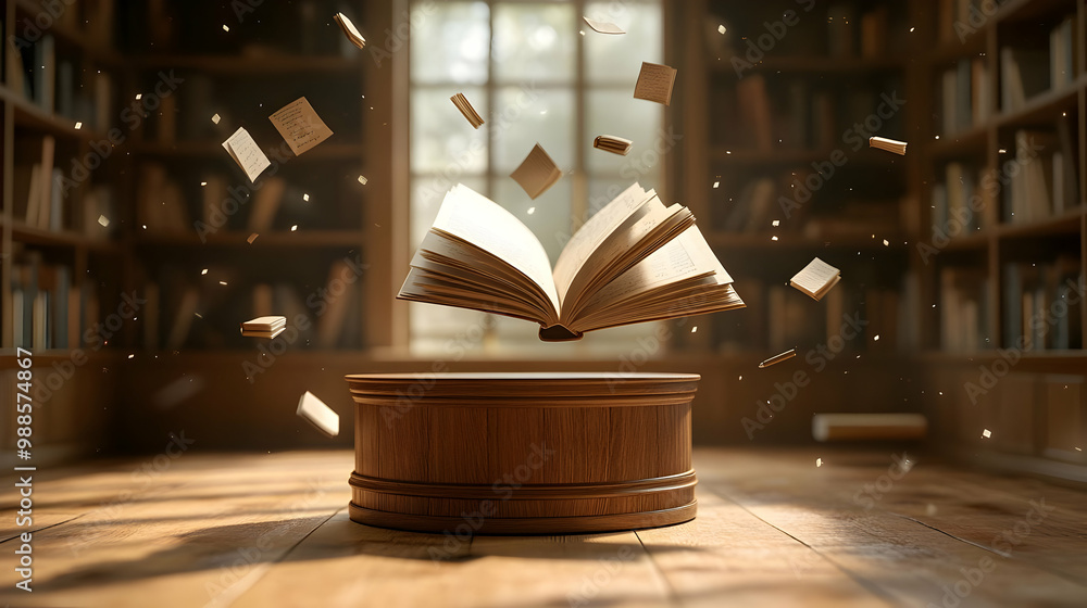 Poster an open book levitating in a library, surrounded by floating pages and a warm, inviting atmosphere.