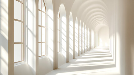 Obraz premium 3D rendering of space architecture, warm sunlight filtering into the interior, soft shadows, no reflections, wide angle view, white background.