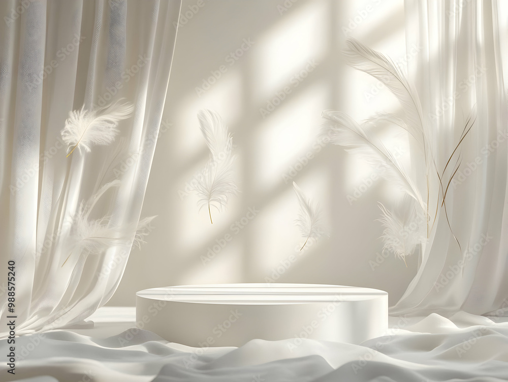 Poster Elegant minimalistic scene with soft curtains and a circular pedestal, creating a serene and tranquil atmosphere.