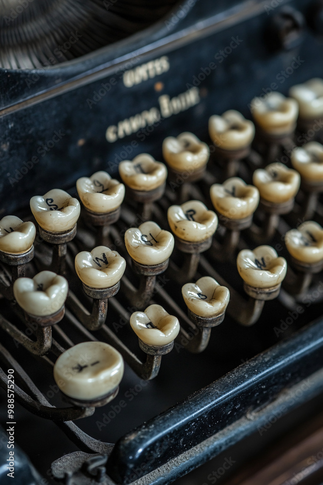 Poster teeth. human teeth as keys on a typewriter. dark background. communication and identity. ethical iss