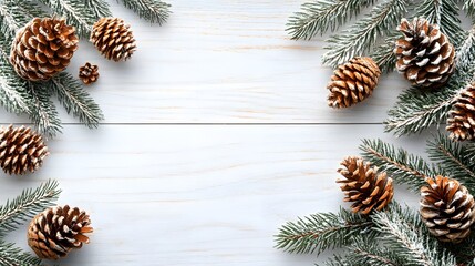 Snowy Pine Cones and Branches on White Wooden Background