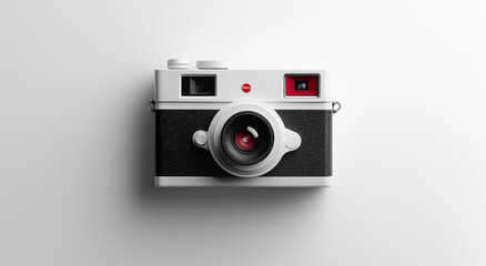 White Vintage Camera on Plain White Background with Focused Lens