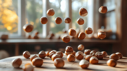 Flying hazelnuts suspended in the air, creating a dynamic and playful scene in a cozy kitchen setting.