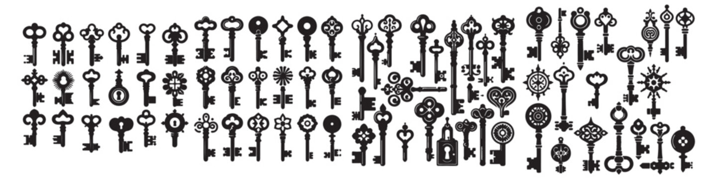 Key icon set Antique key silhouettes. Medieval and modern keys vector illustration design black and white art