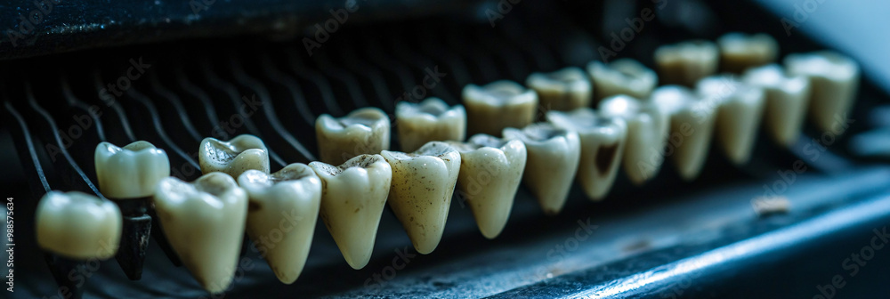 Poster teeth. human teeth as keys on a typewriter. dark background. communication and identity. ethical iss