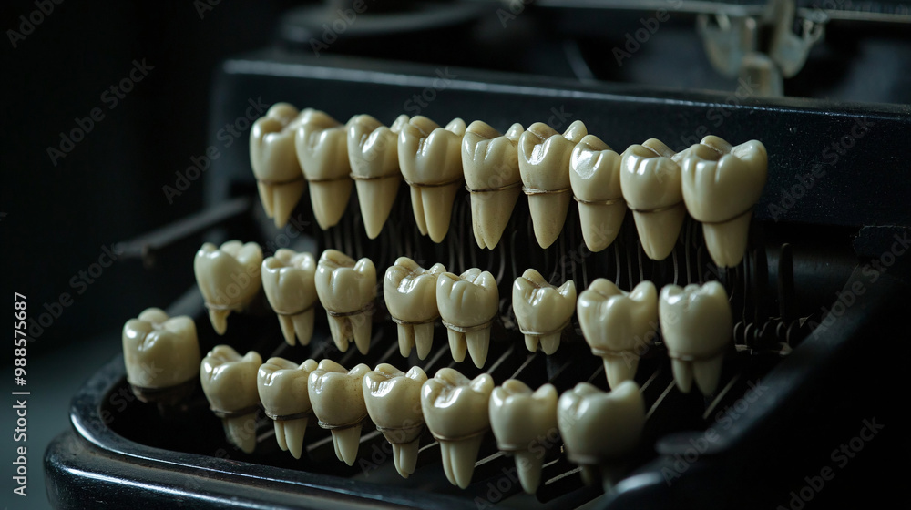 Poster teeth. human teeth as keys on a typewriter. dark background. communication and identity. ethical iss