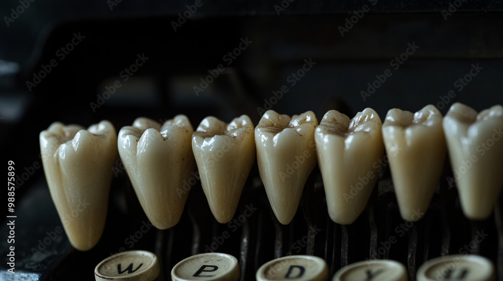 Poster teeth. human teeth as keys on a typewriter. dark background. communication and identity. ethical iss
