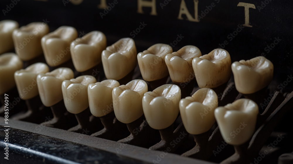 Poster teeth. human teeth as keys on a typewriter. dark background. communication and identity. ethical iss