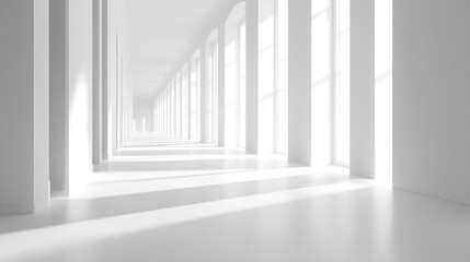 Obraz premium 3D rendering of space architecture, warm sunlight filtering into the interior, soft shadows, no reflections, wide angle view, white background.