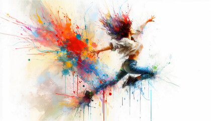 Naklejka premium A woman leaps joyfully in the air, surrounded by vibrant colors and paint splatters, capturing the essence of freedom and expression