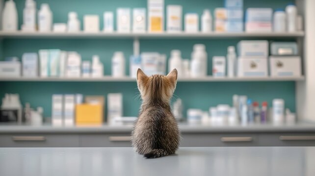 Kitten sitting near the clinic counter, observing the organized shelves filled with pet care products and veterinary tools