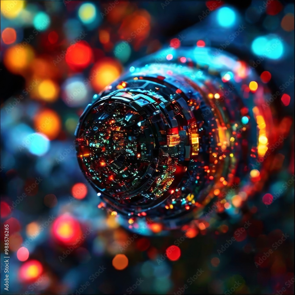 Poster a vibrant abstract image with futuristic technology patterns, surrounded by colorful bokeh lights. t