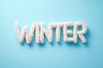 Word "WINTER" made from knitted alpaca wool letters on light blue background. Copy space
