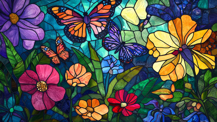 Whimsical Beauty: A Stained Glass Garden of Butterflies and Bold Colors